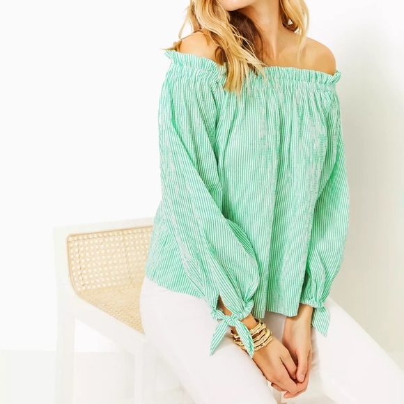 Lilly Pulitzer Jamielynne off shoulder seersucker blouse green white - Picture 1 of 4